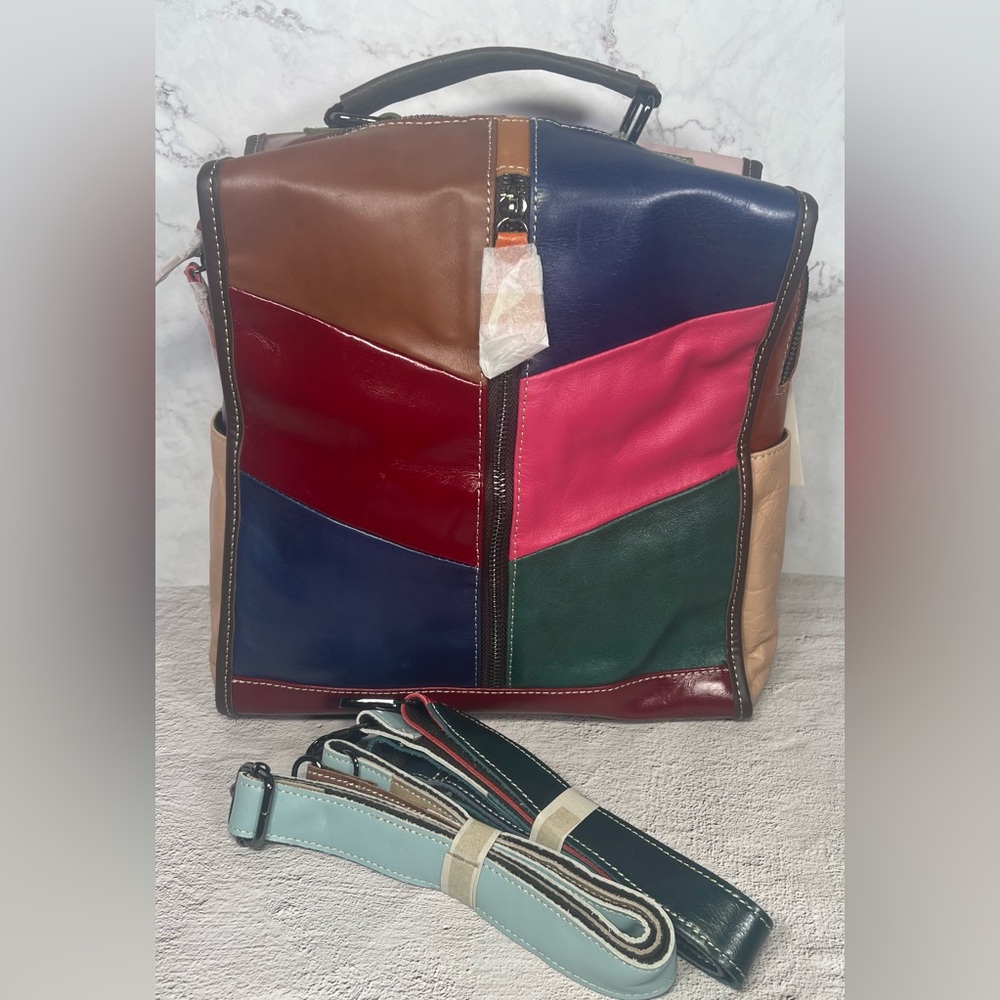 Genuine Leather Patchwork Backpack - Picture 4 of 5